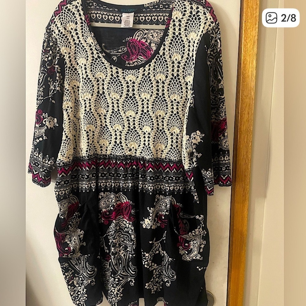 Ulla Popken (Plus 24/26) Black & Cream Crocheted Top w/Pockets & Pink Accents